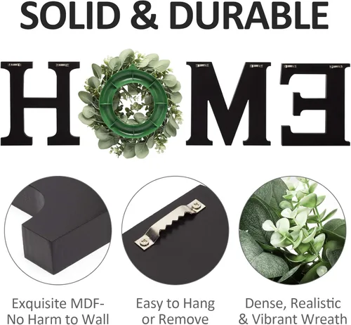 Miniatura 7 de Letras de madera para el hogar con corona de eucalipto artificial moderno decorativo colgante de casa de campo para sala de estar y cocina, Negro
