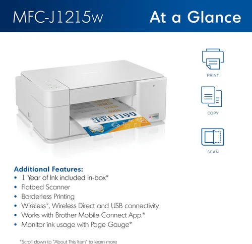 Miniatura 5 de Brother MFC-J1215W INKvestment Tank Impresora inalámbrica de inyección de tinta todo en uno a color para oficina en casa, impresión, copia, escaneo