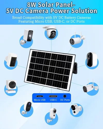 Miniatura 4 de Panel solar de 8 W para cámara de seguridad, cargador de panel solar con puertos USB-C/Micro/DC de 5 V de 0.138 in, cable de 9.8 pies y montaje