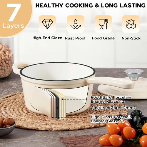 Miniatura 6 de Onader Sartén de hierro fundido esmaltado, cacerola pequeña de 1 cuarto de galón con tapa, olla de hierro fundido, horno holandés esmaltado, Blanco