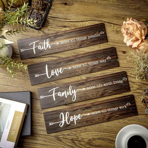 Miniatura 7 de 4 letreros de madera rústica con texto en inglés «Faith Love Hope», «Make All Things Possible», «Easy Work Living» para decoración de pared