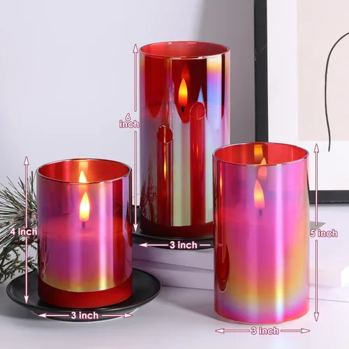 Miniatura 2 de Eywamage Juego de 3 velas LED sin llama de cristal rojo con control remoto, velas parpadeantes de cera real