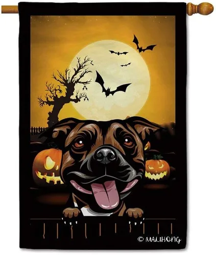 Miniatura 9 de Bandera de jardín de calabaza de Feliz Halloween Jack O'Lantern con perro Rhodesian Ridgeback Halloween Bat Boo Bandera decorativa para patio al