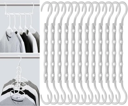 Mr. Pen - Perchas de ahorro de espacio para ropa, 12 piezas, color blanco, perchas de plástico para ropa que ahorran espacio, 5 ranuras, ganchos