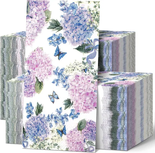 Miniatura 7 de Hotop Paquete de 200 servilletas de hortensias moradas para invitados, día de la madre, servilletas florales de mariposa, desechables, toallas