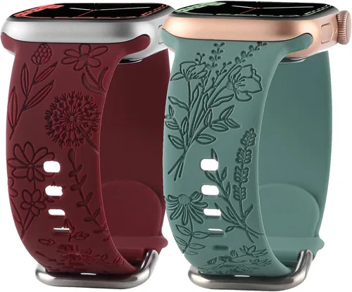 Miniatura 13 de Correa de silicona grabada con flores compatible con correas de Apple Watch de 1.496 pulgadas, 1.575 pulgadas, 1.614 pulgadas, bonita correa Negro