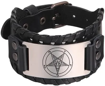 Oyalma - Pulsera ancha de cuero con amuleto satánico para hombre, símbolo del mal para Satanás, joyería vintage con dije, 18681, color negro