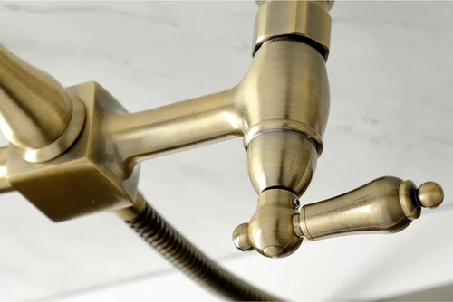 Miniatura 2 de Kingston Brass KS1243ALBS Heritage - Grifo de cocina de montaje en pared de 8 pulgadas con rociador de latón, latón antiguo