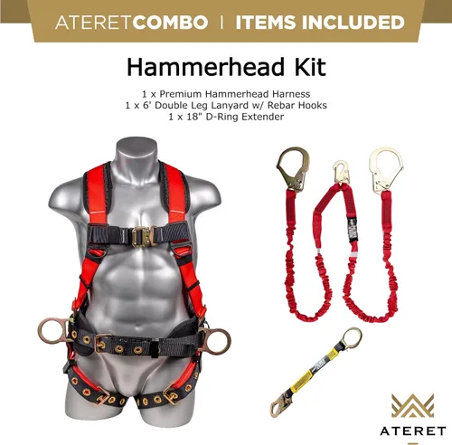 Miniatura 7 de Palmer Safety Kit de protección contra caídas, arnés de seguridad de 5 puntos, cordón de doble pierna de 6 pies, extensor de anillo en D de 18 Rojo