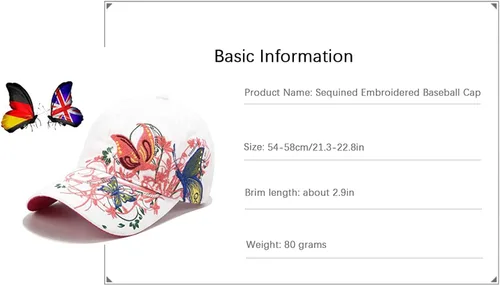 Miniatura 6 de Gorra de béisbol bordada con diseño de flores y lentejuelas de mariposa para mujer