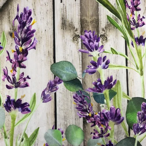 Miniatura 5 de Cortina de ducha con puerta de granero occidental para baño, lavanda púrpura y verde corona de eucalipto en tableros de madera rústica, cortina