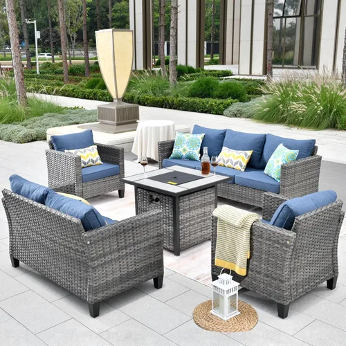 Miniatura 12 de ovios Juego de muebles de patio de 6 piezas, sillas giratorias de mimbre para exteriores con mesa para fogatas de 30 pulgadas, juego de mecedoras