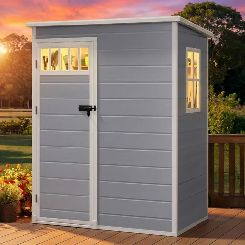 Miniatura 27 de DWVO Cobertizo de almacenamiento para exteriores de 5 x 3 pies con estilo de valla y ventanas laterales, piso y puertas con cerradura, cobertizo