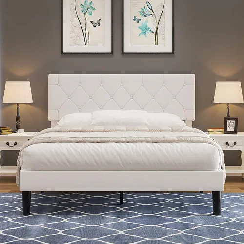 Miniatura 8 de VECELO Base de cama tamaño individual con cabecera capitoné con botones, base de cama tapizada con soporte de listones de madera, no necesita Beige