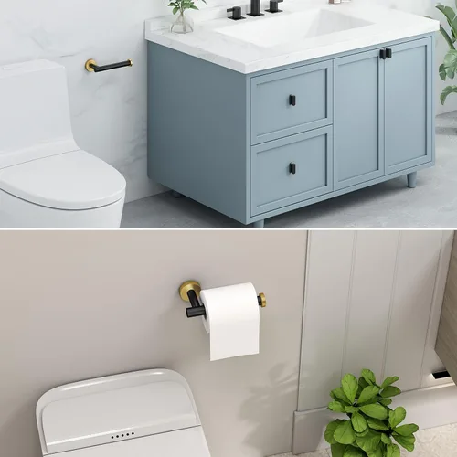 Miniatura 2 de Soporte de papel higiénico negro y dorado, colgador de papel higiénico de acero inoxidable para baño, dispensador de rollos de papel de tocador