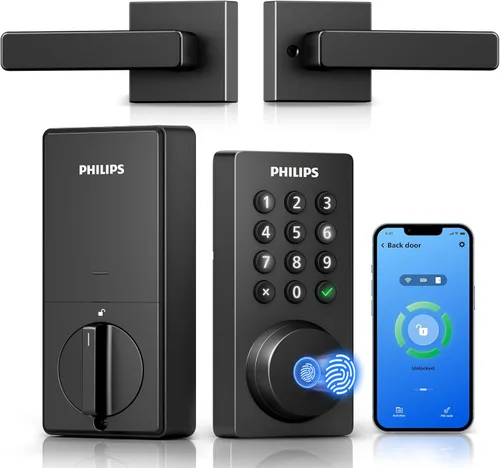 Cerradura de puerta con teclado WiFi Philips con asa, WiFi incorporado, control remoto por APP, desbloqueo por voz y huellas dactilares, cerraduras