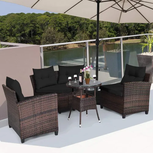 Miniatura 4 de Tangkula - Juego de muebles de patio de 4 piezas en forma de C de mimbre para exteriores, con cojines y mesa de centro con cubierta de cristal