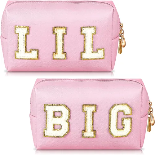 Miniatura 8 de Hillban 2 piezas Big Little Sorority Gifts Preppy Bolsa de cosméticos de piel sintética con parche de letras, bolsa de maquillaje portátil con bolsa