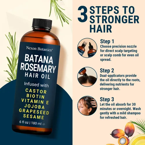 Miniatura 3 de Nexon Botanics Aceite de romero Batana para el crecimiento del cabello, 6 onzas líquidas, aceite ligero para el cuero cabelludo para cabello seco