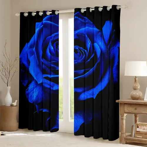 Cortinas de ventana para el día de San Valentín para dormitorio, sala de estar, estampado 3D, cortinas florales de rosas azules para niños y niñas,