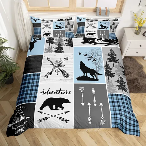 Miniatura 38 de Juego de funda de edredón para niños de ciervo, oso, lobo, tamaño individual, juego de ropa de cama de cabaña de aventura para niños, niñas