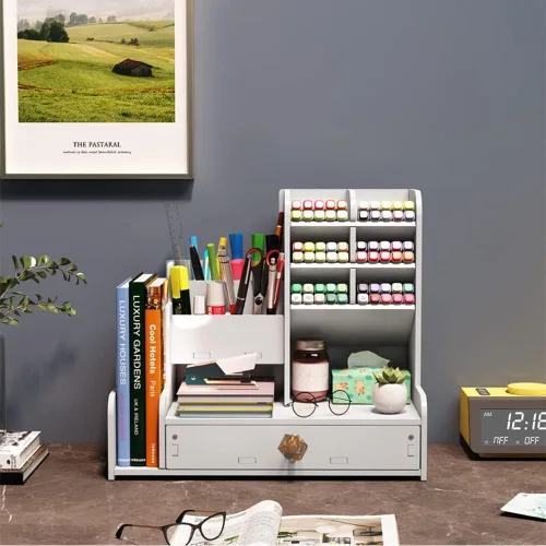 Miniatura 2 de Hggzeg Organizador de escritorio para bolígrafos, organizador de papelería con cajones y 2 soportes para archivos, almacenamiento de suministros