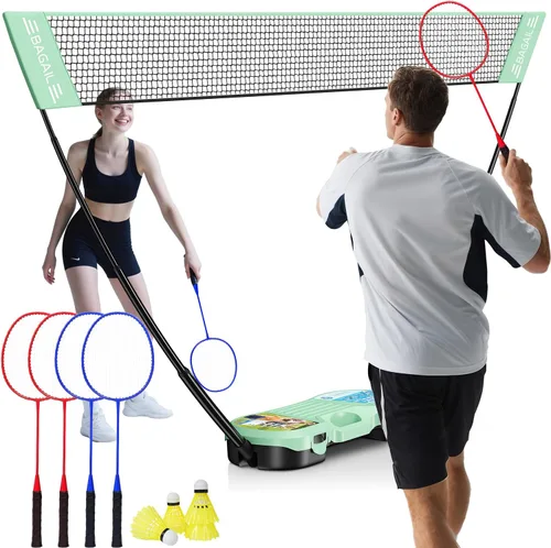 BAGAIL Juego de red de bádminton portátil, red desplegable con funda de transporte, juego completo de 4 raquetas para juegos de patio trasero,