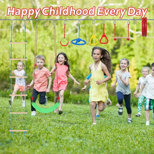 Miniatura 4 de Carrera de obstáculos Ninja Warrior para niños, línea floja duradera de 65 pies con 13 obstáculos, barras de mono, entrenadores de brazos y más