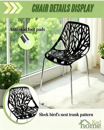Miniatura 7 de Karl home Juego de 4 sillas de comedor negras modernas, sillas apilables de plástico con 4 patas de metal cromado para comedor, sala de estar, sala