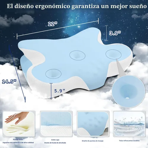 Miniatura 7 de Almohada de espuma viscoelástica cervical para alivio del dolor de cuello - Almohada ergonómica con contorno para dormir de lado, espalda y Azul