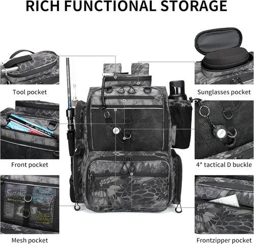 Miniatura 2 de Rabjen Mochila de aparejos de pesca con soportes para caña, soporte para botellas, bolsa de almacenamiento, tienda de equipo de pesca Camuflaje Negro