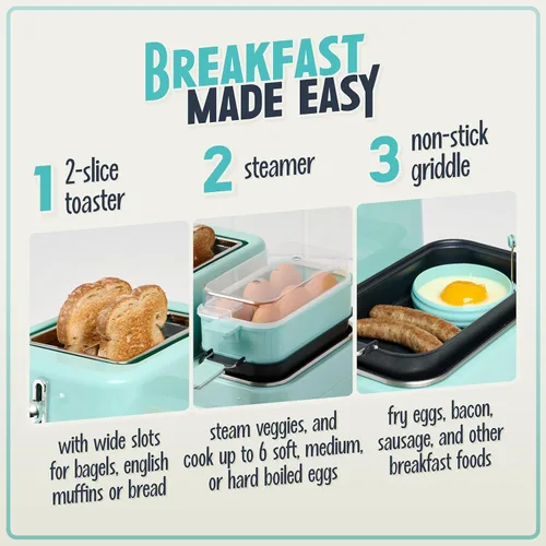 Miniatura 3 de Estación de desayuno 3-en-1 clásica retro de Nostalgia - Incluye vaporera para huevos y verduras, plancha antiadherente y tostador de 2 ranuras