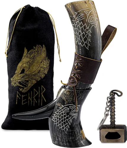 Miniatura 7 de FENRIR Cuerno vikingo para beber con soporte 16 oz – Regalos para hombres, papá, esposo – Taza natural de cuerno de buey con abrebotellas de Thor