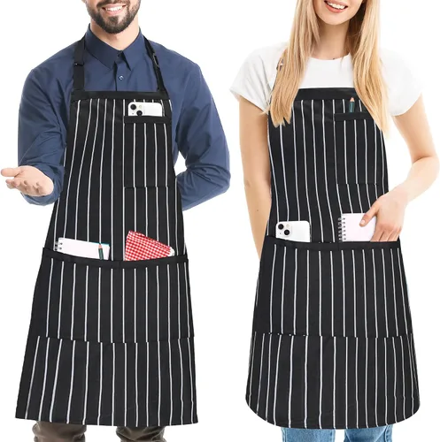 Paquete de 2 delantales de cocina a rayas para hombres y mujeres, delantal ajustable con 3 bolsillos, delantal de chef para cocinar, hornear,