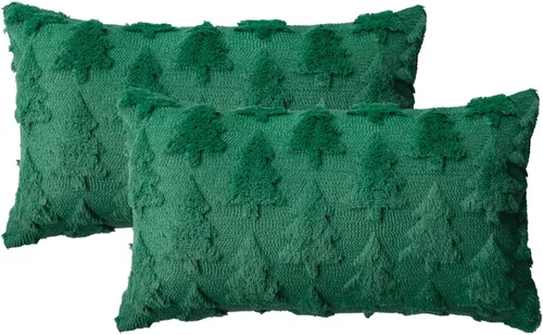 Miniatura 9 de AVOIN colorlife Juego de 2 fundas de almohada beige con árbol de Navidad, 16 x 16 pulgadas, felpa suave, piel sintética, jacquard, festivales