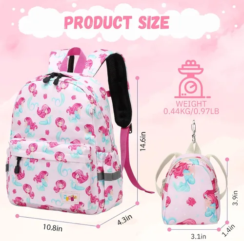 Miniatura 2 de MIRLEWAIY Mochila para niños pequeños con bolsa para monedas, Sirena rosa, Mochilas para mochila