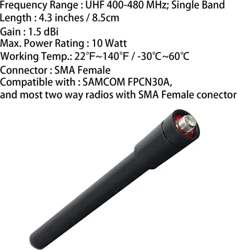 Miniatura 4 de Samcom Antena corta de radio bidireccional con SMA-hembra, antena elástica y no deformable de 3.4 pulgadas para Walkie Talkies UHF 400-480MHz