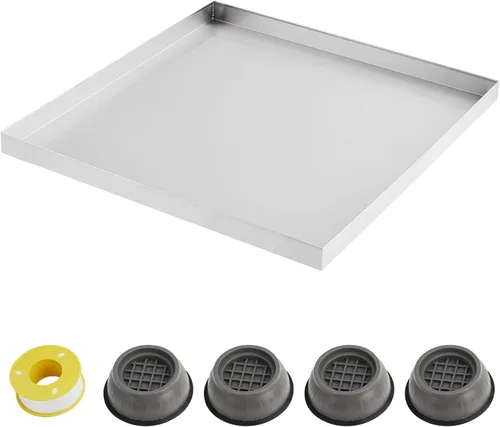 Miniatura 8 de Bandeja de drenaje para lavadora de 27 x 25 pulgadas con orificio de drenaje y manguera adaptada, patas antivibraciones, bandeja de goteo de acero