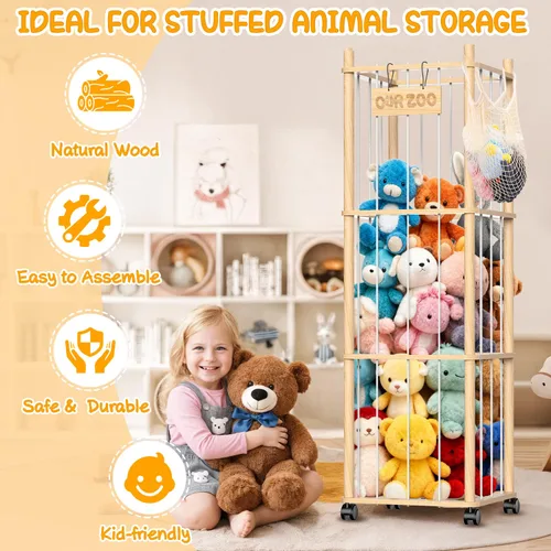 Miniatura 3 de Organizador de almacenamiento de animales de peluche, soporte de zoológico de juguetes de madera con ruedas, torre de almacenamiento de gran
