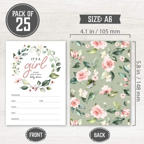 Miniatura 2 de Invitaciones de baby shower para niña con sobres (juego de 25) – Invitaciones florales para baby shower para niña con boletos para rifas de pañales