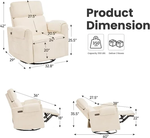 Miniatura 2 de Chenille Rocking Chair Nursery with Adjustable Headrest, 24" Extra Wide Swivel Rocker Recliner with Overstuffed Armrest, Oversized Power Rocker