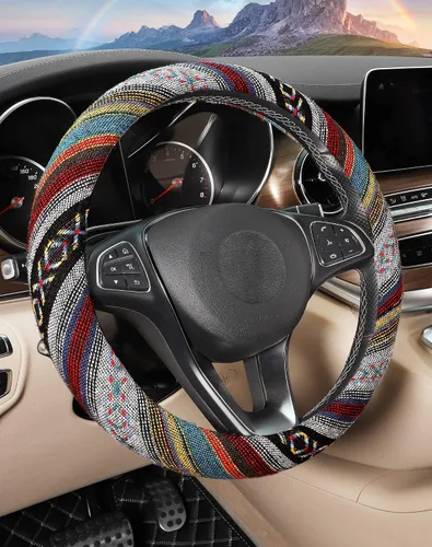 Miniatura 8 de SEG Direct Funda bohemia para volante con tela de manta Baja, cubierta para volante de estilo étnico hecha de lino grueso, se adapta a volantes
