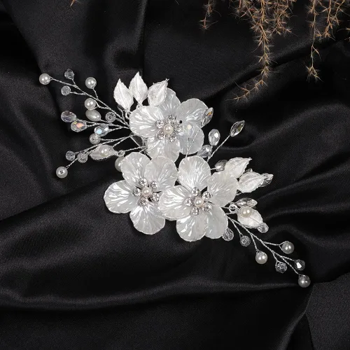 Miniatura 3 de Jumwrit Pinza para el pelo nupcial con diamantes de imitación, pinza de pelo de flor blanca para novias, damas de honor, tocado de perlas hechas a