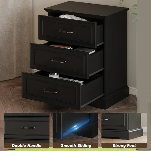 Miniatura 5 de Cómoda rústica de 3 cajones para dormitorio, cómoda moderna de 24 pulgadas de ancho con cajones profundos y asas de barra, mesita de noche de madera