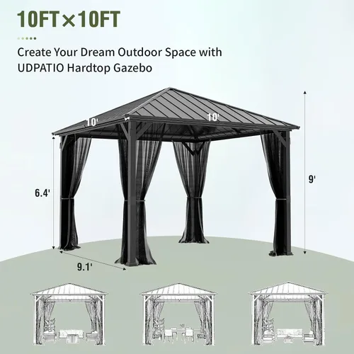 Miniatura 2 de UDPATIO Gazebo de techo rígido de 10 x 10 pies, glorieta de metal para exteriores con techo de acero galvanizado, pabellón permanente con malla