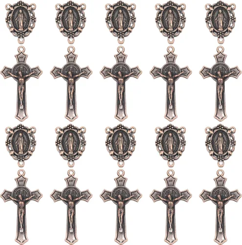 Miniatura 10 de Juego de 20 piezas de conectores centrales de rosario religioso y crucifijo, medalla de tono dorado y dijes de cruz, medalla de 1.26 pulgadas, cruz