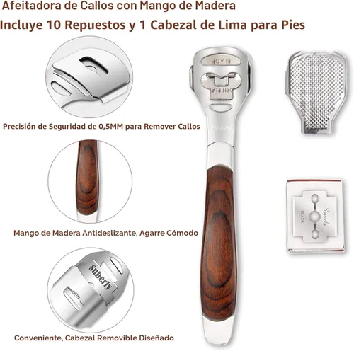 Miniatura 3 de Raspa de pie colosal y afeitadora de callos con mango de madera (10 cabezales de repuesto y 1 lima), kit de lima de pie de pedicura, raspador