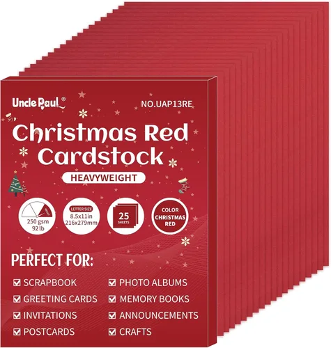 25 hojas de cartulina roja de Navidad - 8.5" x 11" 92lb Cartulina de doble cara de cubierta 250gsm Papel pesado para manualidades artísticas, Rojo