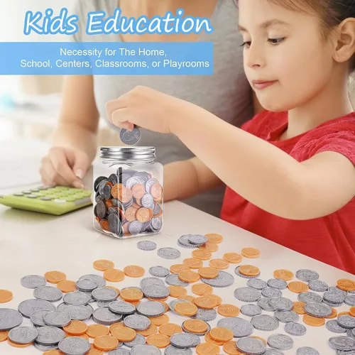 Miniatura 6 de Juego de monedas de dinero para niños, 250 monedas de dinero falsas detalladas con frasco, juego de monedas de dinero falsas de enseñanza realista