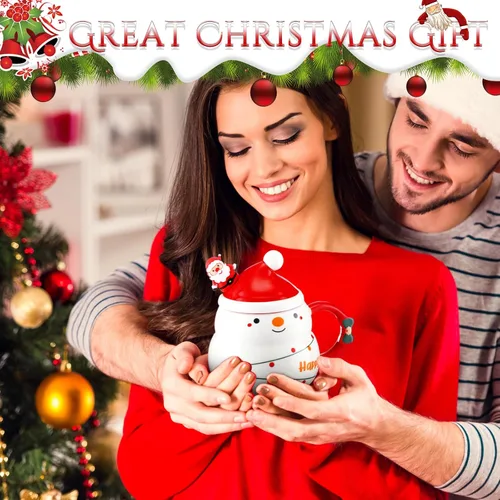 Miniatura 5 de Yaomiao 4 Tazas de Navidad con Tapa de Gorro de Santa y Cuchara 16 oz Taza de Café de Cerámica Linda de Navidad Árbol Festivo Campana Santa Muñeco